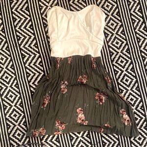 Strapless floral olive green dress Sz Small